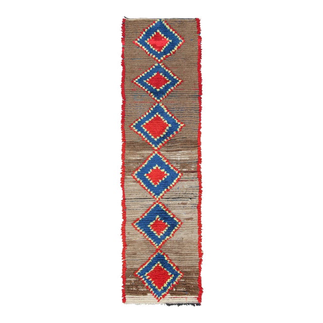 Vintage Moroccan Runner Rug With Red & Blue Diamond Medallions - Rug & Kilim For Sale
