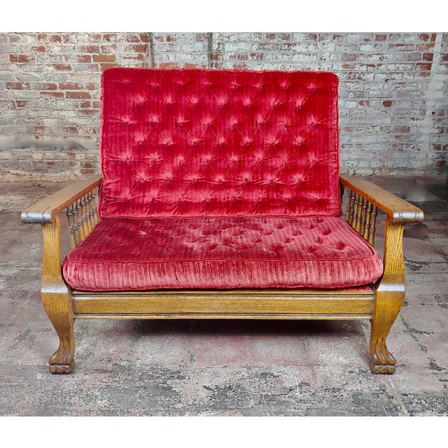 American Oak Antique Morris Settee w/Red Velvet Cushions c1900s size 50 x 30 x 42" A beautiful piece that will add to your...