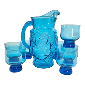 Vintage Mid-Century Coastal Americana Turquoise Pitcher & Lowball Glasses - Set of 8.