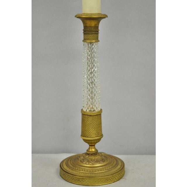 Traditional Antique French Empire Gilt Bronze Crystal Column Small Candlestick Table Lamp For Sale - Image 3 of 12