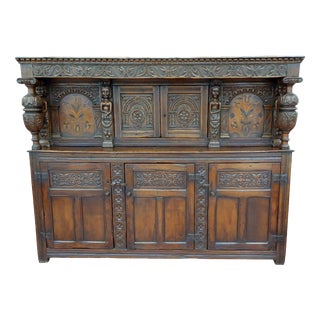 Antique 18th Century Georgian Oak Marquetry-Inlaid Court Cupboard, 1740 For Sale
