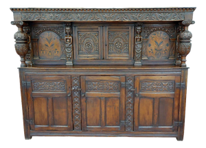 Antique 18th Century Georgian Oak Marquetry-Inlaid Court Cupboard, 1740