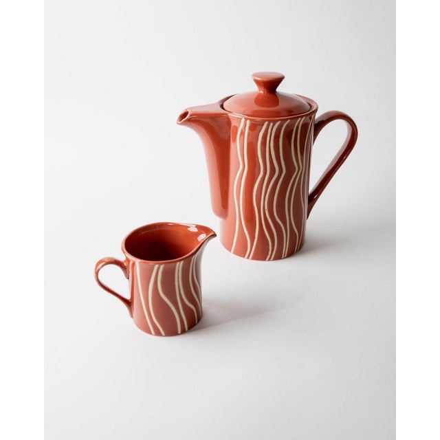 Mid-Century Striped Rust Orange Ceramic Teapot with Lid and Creamer, 1970s For Sale - Image 6 of 12