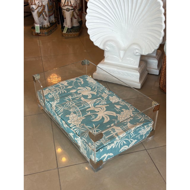 Vintage Palm Beach Lucite & Chrome Pet Dog Bed New Custom Pagoda Cushion For Sale In West Palm - Image 6 of 10