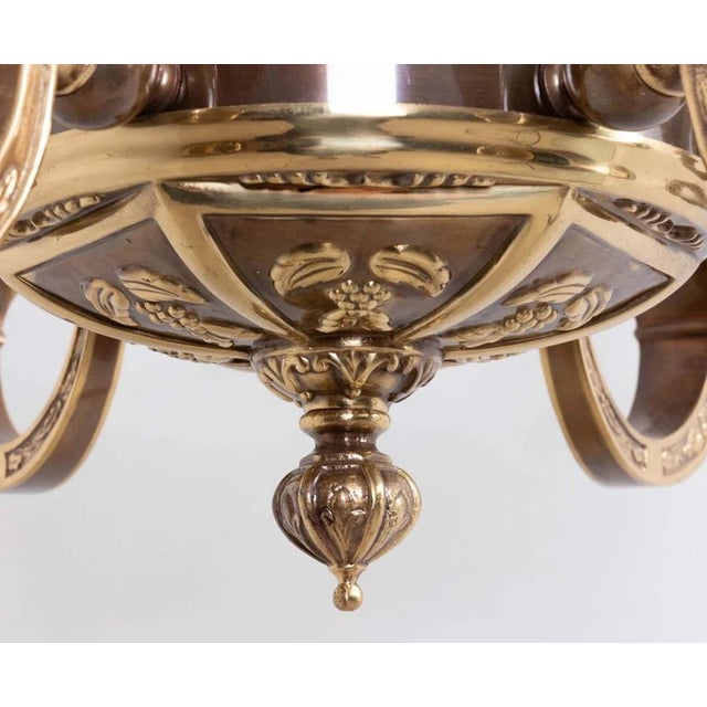 1970s Art Nouveau European Six Arm Cast Brass Chandelier For Sale - Image 4 of 9