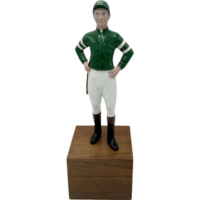 Details: -Vintage equestrian green jockey bookend -Jockey painted green with helmet, white pants, a riding crop, and...