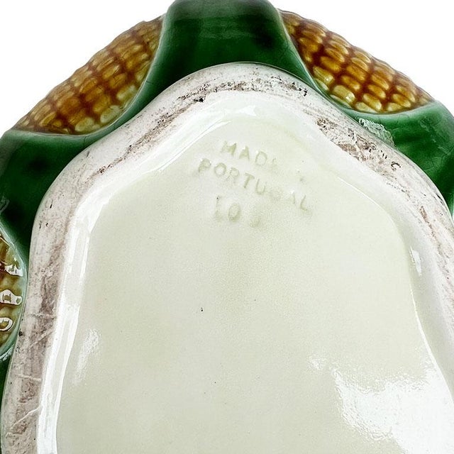Mid 20th Century Vintage Ceramic Majolica Corn Husk Motif Tureen in Yellow and Green - Portugal For Sale - Image 5 of 6