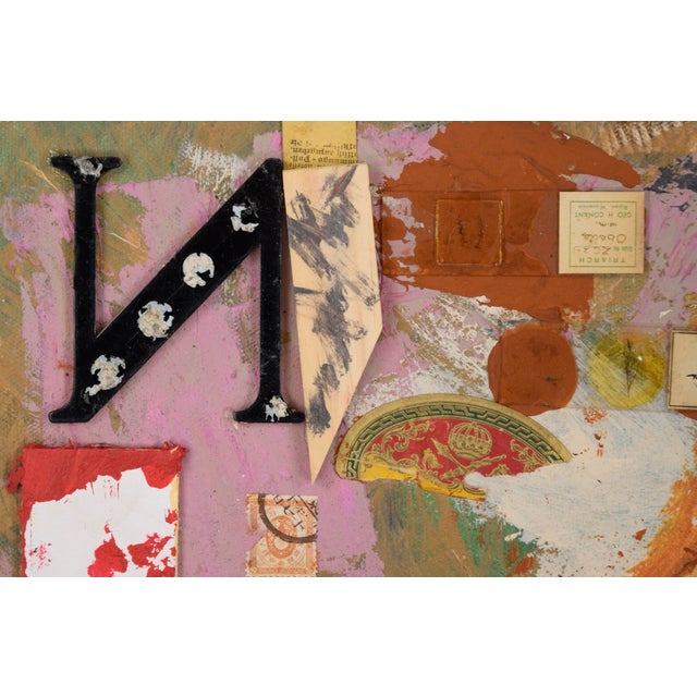 Abstract expressionist oil painting with assembled objects by Bay Area artist Michael Pauker (American, b. 1957). Against...