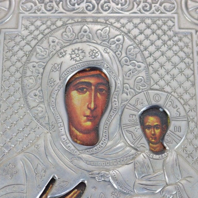 Early 20th Century Early 20th Century Religious Icon Portrait of Mary & Baby Jesus Encased in Sterling Silver For Sale - Image 5 of 7