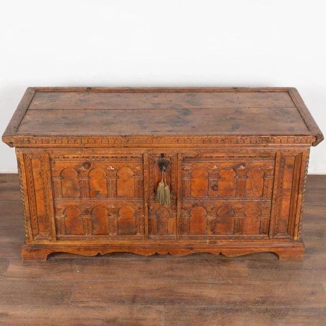 Early 19th Century Hand Carved Large Pine Trunk, Circa 1800 For Sale - Image 5 of 12