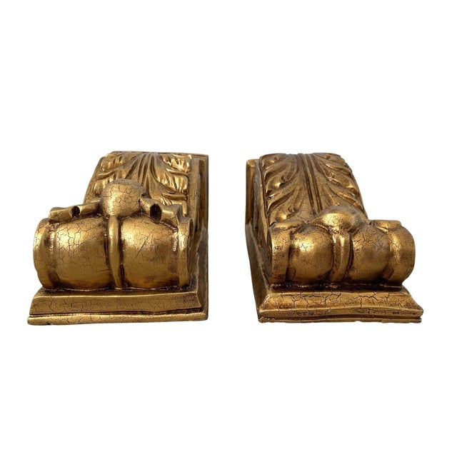 Hollywood Regency Set of 2 Solid Wood Gold Gilt Hand Carved Corbels Wall Bracket Shelves For Sale - Image 3 of 6