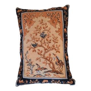 Chinoiserie Gold Bird Needlepoint Silk Pillow Woodlands English For Sale