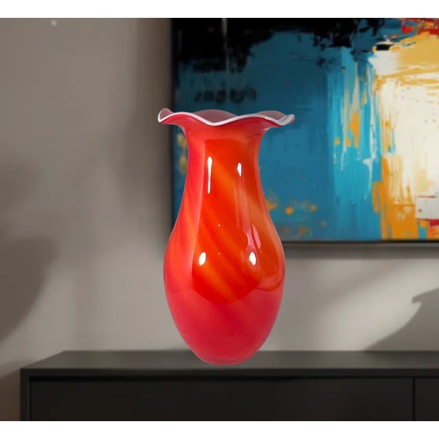 13 3/4 In. Tall Vintage Bulbous Scalloped Rim Cased White Orange Art Glass Vase For Sale - Image 13 of 15