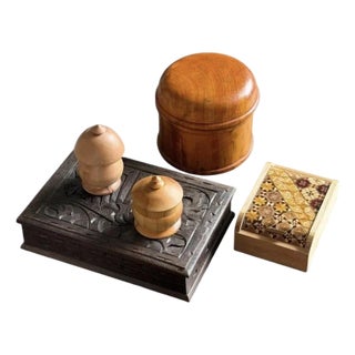 Antique Vintage Turned Wood Artisan Boxes, Handcrafted, Rustic Charm, Japan For Sale