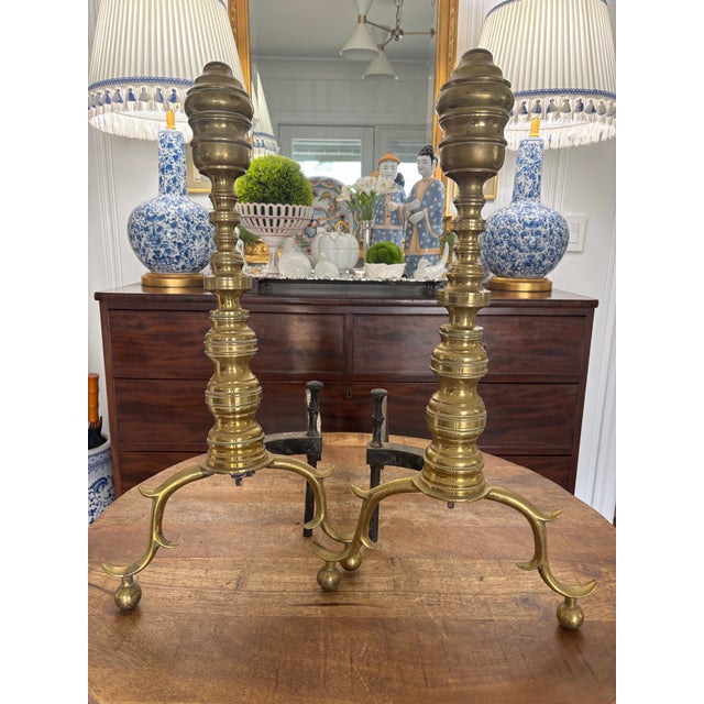 Antique 19th Century Classic Tall Beehive Brass Andirons With Exaggerated Ball Feet- a Pair For Sale - Image 4 of 11
