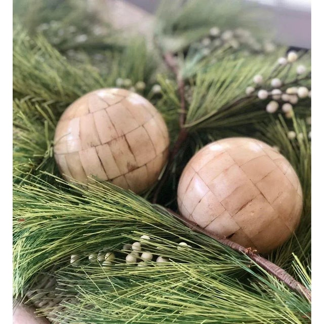 Pair of antique Victorian lawn balls with a checkered pattern, handmade from bone or shell. Minor scuffs, but damaged or...