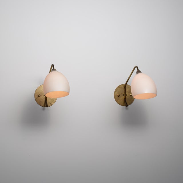 Large Vintage Italian Brass and Opaline Glass Wall Sconces, 1950s, Set of 2 For Sale - Image 4 of 14