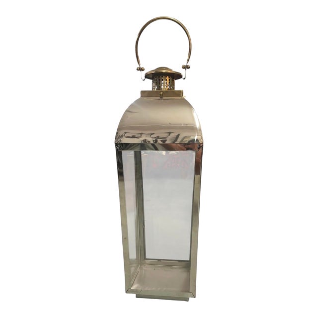 Large Mid-Century Modern Polished Stainless Steel and Brass Floor Lantern For Sale