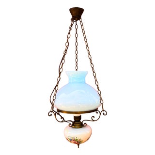 French Blue Opaline Hanging Lamp with Floral Decorated Reservoir in Brass and Opaline Glass, 1940s For Sale