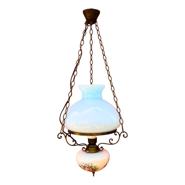 French Blue Opaline Hanging Lamp with Floral Decorated Reservoir in Brass and Opaline Glass, 1940s For Sale