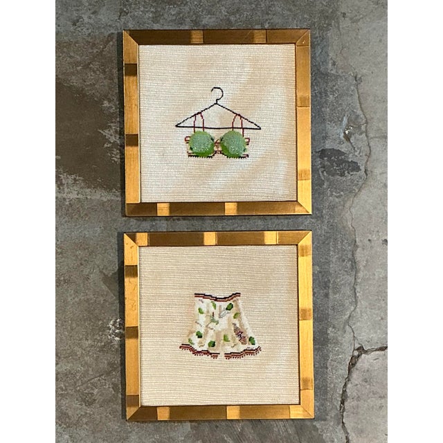 This charming pair of original vintage needlepoint artworks captures the whimsical essence of Grandmillennial design,...