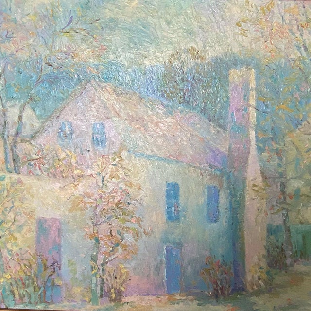 A vintage Impressionist style painting of a European farm house with a tall garden wall side entrance. STYLE Impressionist...