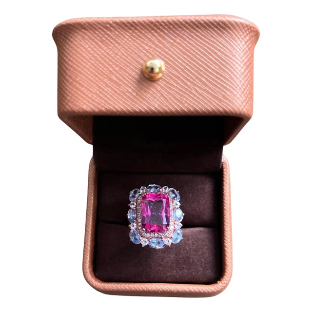 Bochic “Capri” Emerald Shape Pink Topaz & Tanzanite Ring Set 18K Gold & Silver For Sale
