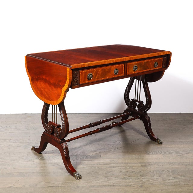 Edwardian Mahogany Writing Desk W/ Inlaid Exotic Wood Detailing & Bronze Pulls For Sale - Image 17 of 18