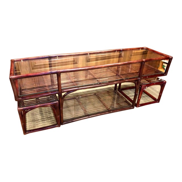 1970s Design Institute America Rattan Console with 2 Tables - 3 Pieces For Sale