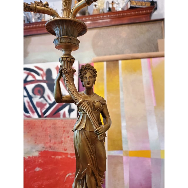 Traditional Antique French Empire Bronze Female Candelabras- a Pair For Sale - Image 3 of 10