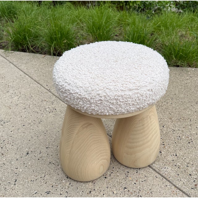 Contemporary Sculptural Stool Attributed to Sam Klemick for Otherside Objects – Shearling Seat With Carved Wood Base For Sale - Image 3 of 5
