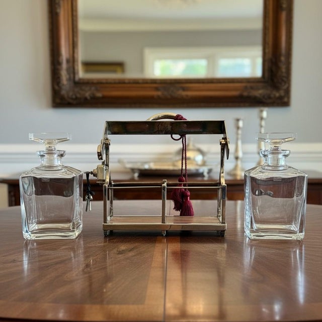 Restoration Hardware Sloane Crystal Decanter Set-Silverplate Locking Caddy-Key For Sale - Image 9 of 10