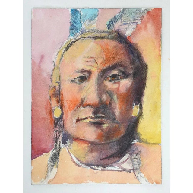 Late 20th century mixed media watercolor and pencil on thick artist board portrait of Native American man. Unsigned....