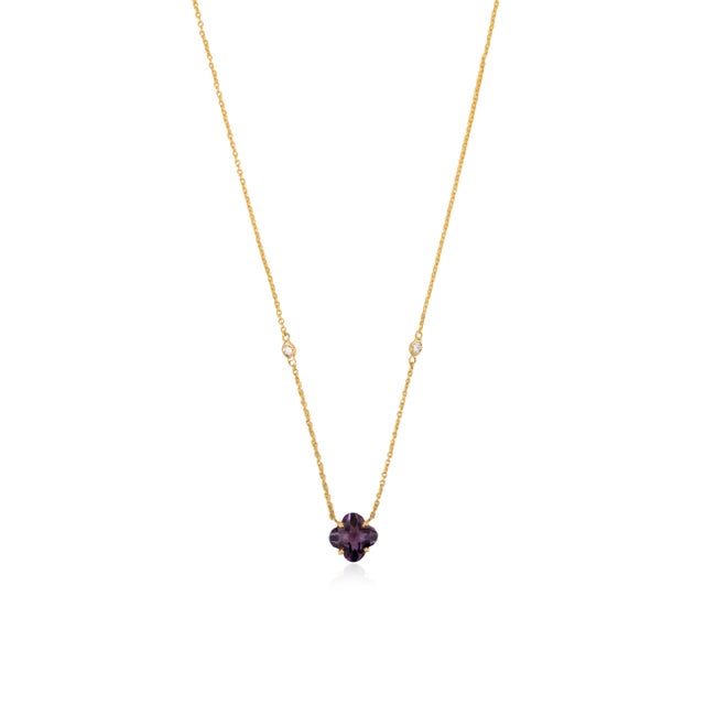 Metal 1.72Ct Amethyst Clover Motif Necklace With Diamonds in 14k Yellow Gold for Mother For Sale - Image 7 of 17