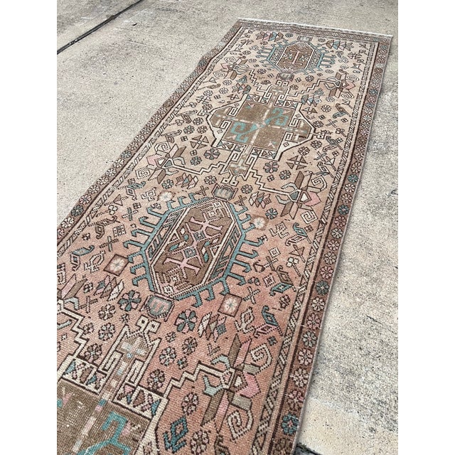 Vintage Persian Heriz Handmade Geometric Pattern Wool Runner For Sale - Image 4 of 6