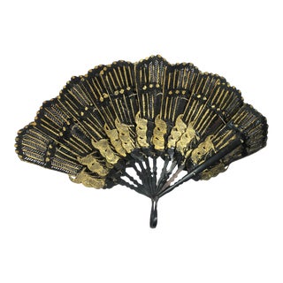 19th Century Leather and Gold Leaf Hand Fan For Sale