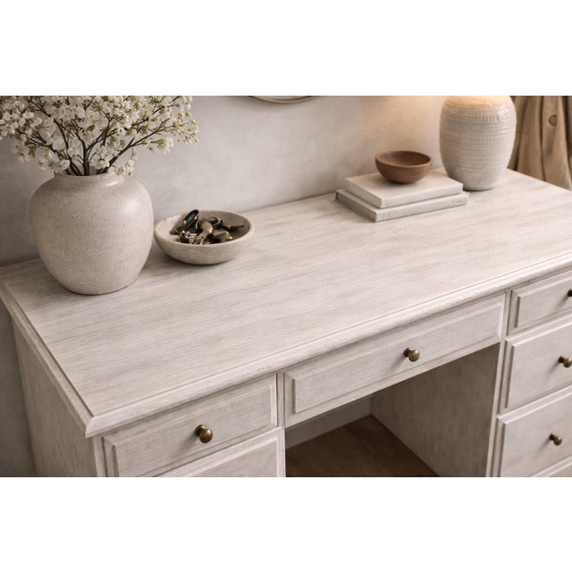 White Vintage Solid Pine Scandinavian Style Limewash Double-Pedestal Writing Desk For Sale - Image 8 of 12
