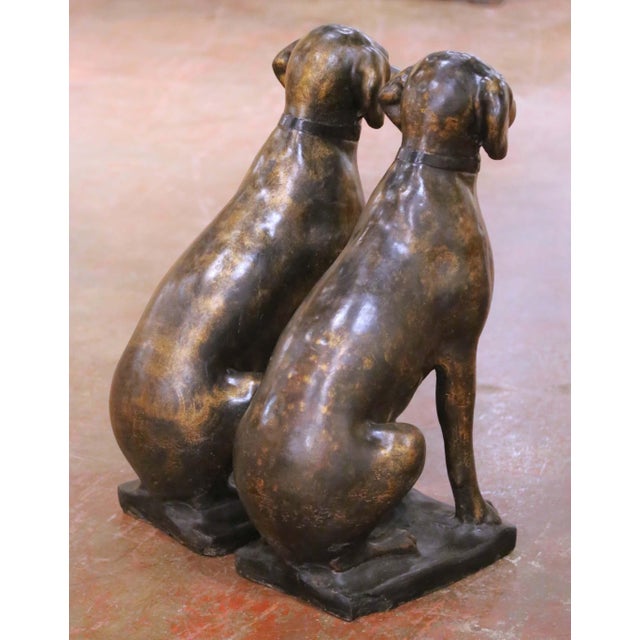 Bronze Pair of Mid-Century French Bronzed-Finish Cast Stone Labrador Dog Sculptures For Sale - Image 8 of 9