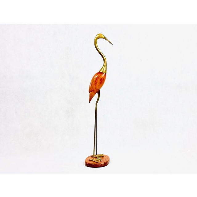Mid-Century Modern Tall Carved Teak and Brass Heron Figurine, 1960s For Sale - Image 4 of 14