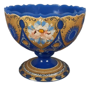 Vintage Blue Periwinkle Gold Flowers Murano Glass Cup by Fratelli Ferro Design, 1970s