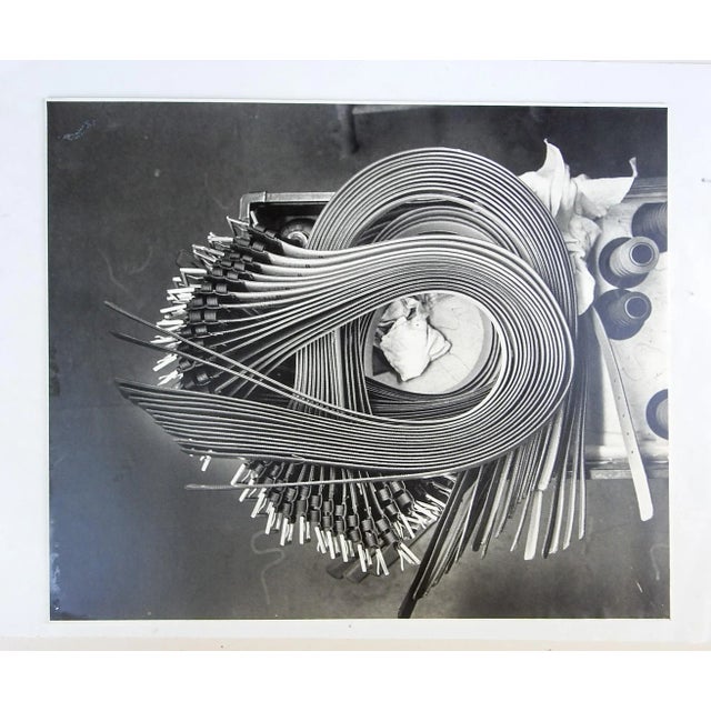 Vintage mid century black and white photograph of leather belt maker shop. Abstract composition mounted on artist board....