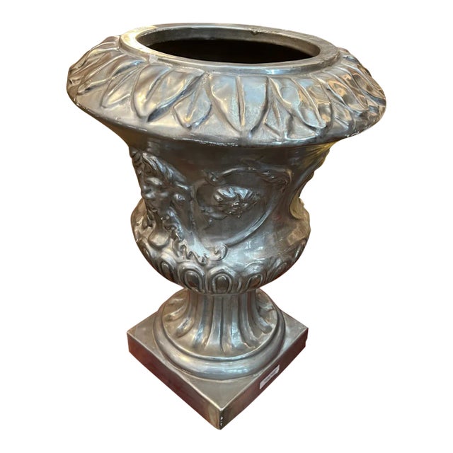 1990s Italian Hand Painted Ceramic Urn With Silver Leaf For Sale