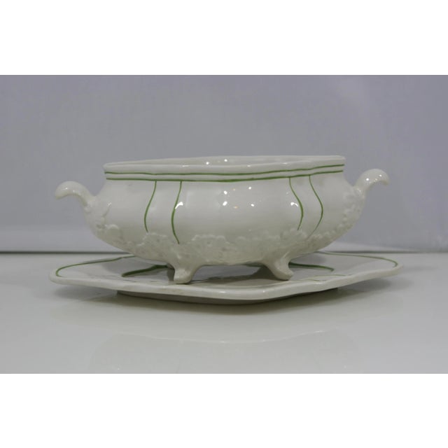Vintage Italian Pottery Small Oval Serving Bowl With Underplate White With Thin Green Stripes. This 2 piece set contains a...