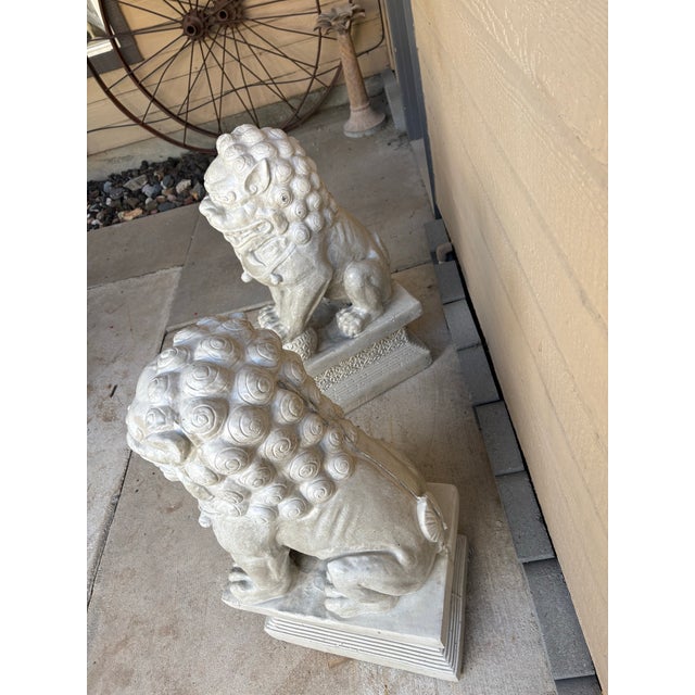 Late 20th Century Monumental 34" Vintage Cast Statue/Sculpture Concrete Foo Dog Guardian Lions - A Pair For Sale - Image 5 of 6