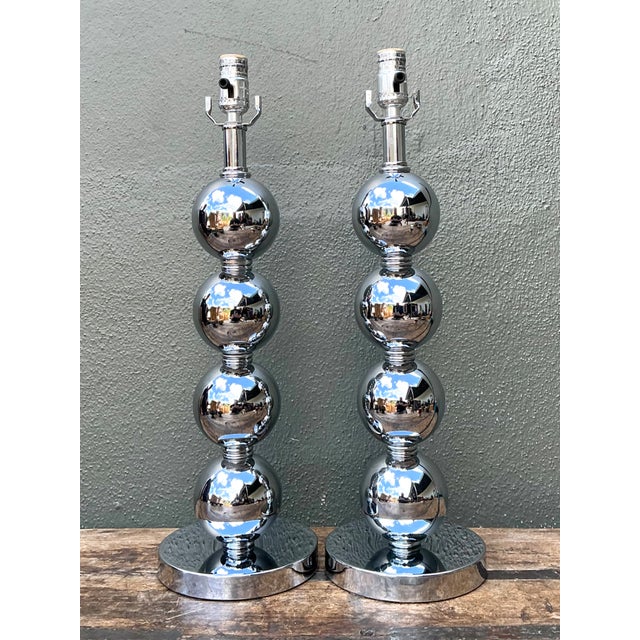 Mid-Century Modern Vintage After Kovacs Stacked Chrome Sphere Lamps - Pair For Sale - Image 3 of 12