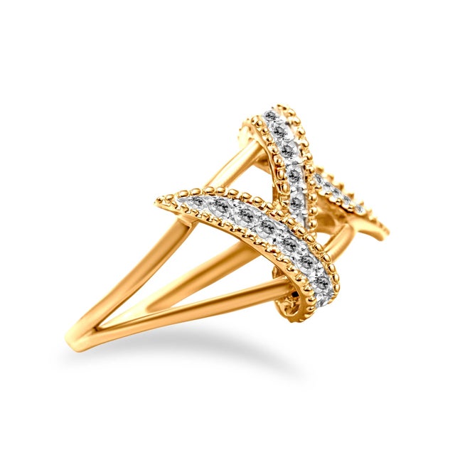 Contemporary 14K Yellow Gold Plated .925 Sterling Silver 1/4 Cttw Diamond Interlocking Bypass Ring (I-J Color, I1-I2 Clarity) - Size 9 For Sale - Image 3 of 6