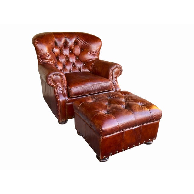 1980s Churchill Tufted Leather Armchair & Ottoman, Newly Dyed, Restoration Hardware Style For Sale - Image 5 of 15