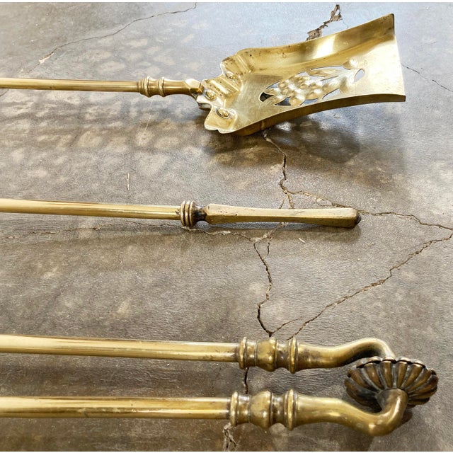Antique Art Nouveau Style Brass Fireplace Tools on French Hunting Motif Stand For Sale - Image 13 of 14
