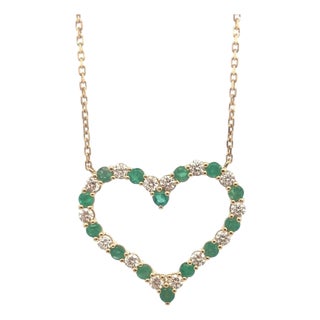 14k Yellow Gold Heart Necklace With Emeralds and Diamonds For Sale