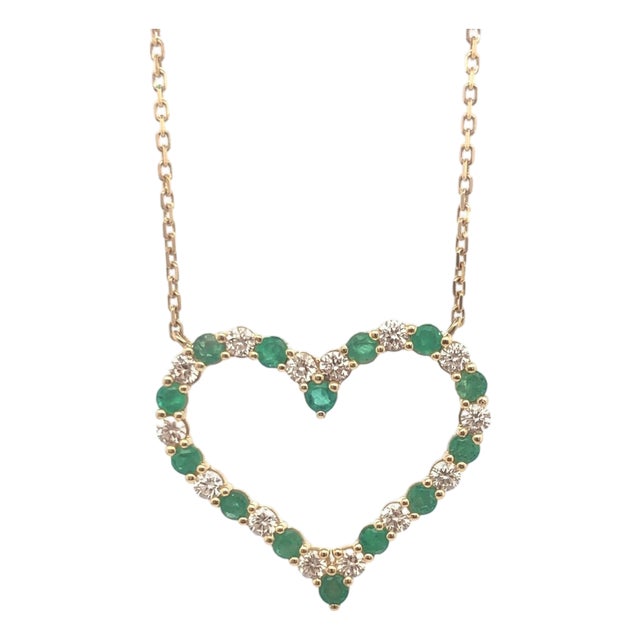 14k Yellow Gold Heart Necklace With Emeralds and Diamonds For Sale